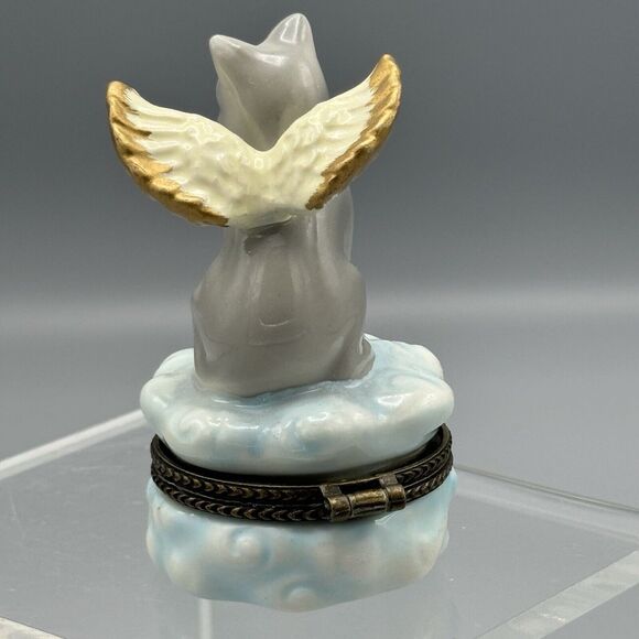 Vtg Unmarked Angel Cat Sitting on Cloud Hinged Trinket Box Heavenly Winged Kitty - Picture 9 of 10